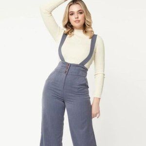 Unique Vintage Dusty Blue Suspender Pants